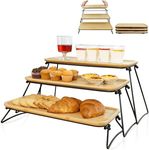 FINESSY Bamboo Wooden Tiered Serving Trays & Platters, Three Tiered Serving Stand Collapsible 3 Tier Charcuterie Stand Wood Food Display Cupcakes Desserts Tower Table Decorative Tray Set for Partys