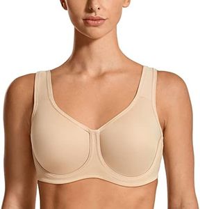 SYROKAN Women's Max Control Solid High Impact Plus Size Underwire Sports Bra Beige 42D