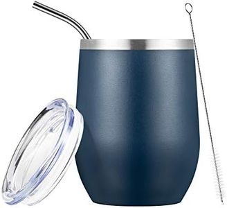 COMOOO Stainless Steel Wine Tumbler with Lid and Straw, 12oz Double Wall Vacuum Insulated Wine Tumbler Cup, Stemless Wine Tumbler for Hot and Cold Drinks, Coffee, Wine, Cocktails, Navy