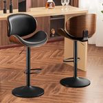 Furniliving Swivel Bar Stools Set of 2, Adjustable Kitchen Counter Height BarStools, PU Leather Bentwood Upholstered Bar Chair with Back and Footrest for Dining Room, Kitchen, Pub, Bar, Black