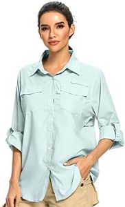 Womens UPF 50 Long Sleeve Sun Shirt Safari Hiking Quick Dry UV Protection Button Up Travel Shirt for Fishing Gardening Africa (US, Alpha, Large, Regular, Regular, 6 Light Blue)