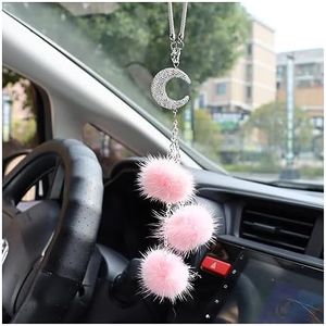 Ziciner Bling Diamond Heart Car Interior Accessories, Car Mirror Hanging Ornament for Women, Love Heart & Pink Plush Ball Decor Ornament Pendant (Moon/Pink)