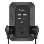 Power Bar Addtam 5 Outlet Extender with 4 USB Charging Ports (1 USB C, 4.5A Total), USB Wall Charger Power Strip, 3-Sided 1800J, Black