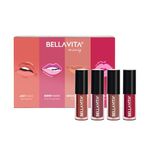 BELLAVITA Mini Kiss Proof Liquid Lipsticks Set of 4|Gift Box Smudge & Transfer-Proof|Intense Moisturisation | Just Nude + Berry Nude + Mocha Madness + Cherry Pop | Lipsticks for Women | 2 ml each