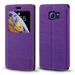 Samsung Galaxy S6 Case, Luxury Wood Grain Leather Case with Card Slot Notification Window Protective Magnetic Flip Cover for Samsung Galaxy S6 (Purple)