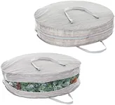 mDesign Round 36" Wreath Storage Container with Handles - Fabric Christmas Wreath Storage Bag and Protector - Garland Storage Bag Container - Holiday Decoration Organizer - 2 Pack, Striped Taupe/Tan