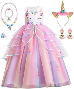 Dress Up for Girls,Princess Unicorn Costume Dress Up, Princess Girl Dress with Headband Necklace Set, Kids Fancy Dress for Party Birthday Bridesmaid Pageant Carnival Cosplay 3-8 Years, Pink, 110