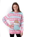 Pusheen Girls Christmas Jumper in Pink | Long Sleeve Graphic Knitted Sweater for Children | Warm The Cat Festive Holiday Long Sleeve Knitwear Top | Pullover Knit Merchandise Gift for Kids