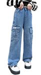 Baggy Jeans for Kids Y2K Cargo Parachute Pants Wide Teenager Girls High Waist Streetwear Loose Wide Leg Track Pants Hip Hop Lacing Vintage Flared Jeans Blue Age 10-11 Years