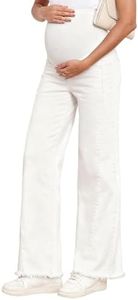 BLENCOT Maternity Jeans for Women Over Belly Casual Straight Leg Adjustable Waisted Stretchy Denim Pants Fall Work Cotton Ripped Hem Jean White X-Large