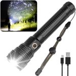 LED Rechargeable Torch Super Bright Flashlights High Lumens, 90000 Lumens Tactical Flashlights, Zoomable Waterproof Flashlight 5 Modes for Emergencies, Camping, Hiking, Hunting, Outdoor （Large）