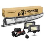 SKYWORLD 52 inch 675W Curved LED Light Bar, 2 Pcs 5 inch 135W Flood Driving Lights With 1 Pcs 12V 2 Lead Wiring Harness Cable Kit for Car Off road Truck Tractor SUV 4x4 Boat lighting, 6000K White