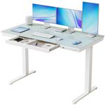 FEZIBO Glass Standing Desk with Drawer, 55 x 24 Inch Height Adjustable Electric Desk with One-Piece Tabletop and USB Ports, White