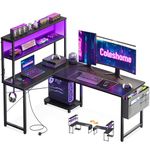 Coleshome L Shaped Gaming Desk with LED Lights & Power Outlet, 135 × 100 cm Reversible Computer Desk with Shelves, Corner Desks with Storage Bag & Hook for Home Office, Black