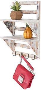 Excello Global Products 2-Tier Rustic Whitewashed Mounted Wood Wall Shelf with Shabby Chic, Farmouse Decor with 4 Hooks. Perfect For Any Room