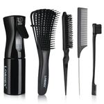 LORSEX Hair Brush with Hair Spray Bottle, Detangling Brush for Black Natural Hair, Afro American Type 3a-4c, 3 Pcs Slick Brush Set, Plastic Bristle Hair Brush Teasing Comb Edge Hair Brush (Black)