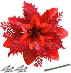 FurRain Christmas Poinsettia Artificial Flowers Decorations 5.5" Christmas Tree Wreaths Garland Decoration 12 Pcs Glitter Flowers Picks Decor for Xmas New Year Wedding Party Ornaments (Red)