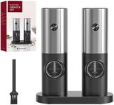 Electric Salt and Pepper Grinder Set, Battery Operated Pepper Mills, Stainless Steel Electric Grinders with Storage Base, White LED Light and Adjustable Coarseness, One Touch Operation, 2 Pack