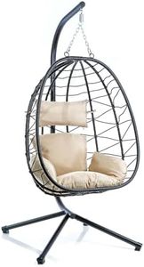 WilTec Fauteuil Suspendu – 950 x 980 x 1980 mm – Capacité de Charge Max. 130 kg – Oeuf Panier Chaise avec Support et Coussin d’Assise – Mobilier de Jardin extérieur