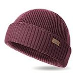 Outdoor Shaping Merino Wool Short Fisherman Beanies for Men Women, Knit Cuff Trawler Beanie Cap, Winter Warm Daily Hat, Burgundy, One Size