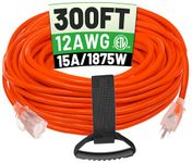 POWGRN 300 ft 12/3 Outdoor Extension Cord Waterproof Heavy Duty with Lighted End 12 Gauge 3 Prong, Flexible Cold-Resistant Long Power Cord Outside, 15Amp 1875W SJTW Orange ETL Listed