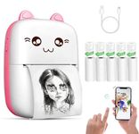 Cute Mini Portable Thermal Printer, Inkfree Wirless Bluetooth Printer Compatible with Android & iOS, Best for Students, Home, Office, Exam Notes, Stickers, Lists (1 Paper Roll + 5 Sticker Rolls, Pink)