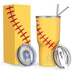 Yoelike Softball Tumbler 30 oz Stainless Steel Double Wall Vacuum Insulated Cup with Straws, Splash Proof Lids, Straw Clean Brush, Tips for Fan Coaches Mom Men Sports Travel, Keep Drinks Cold and Hot