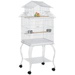 PawHut 53.9'' Large Rolling Steel Bird Cage Bird House with Detachable Rolling Stand, Storage Shelf, Wood Perch, Food Container, White