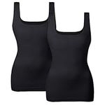 EUYZOU Women's Tummy Control Shapewear Tank Tops Seamless Square Neck Compression Tops Slimming Body Shaper Camisole, Black 2pk, Medium