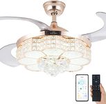 BAYSQUIRREL Retractable Crystal Ceiling Fan with Light, Remote and APP Control, 6 Speeds Reversible Blades, 3-Color LED Dimmable Chandelier Ceiling Fan with Color Temperature Memory 36W 42in