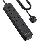 JSVER Extension Lead with USB Slots, 3M Power Strip 3250W 13A with 4 USB Smart Charging Ports Desk Power Socket with Switch for Home Travel-Black