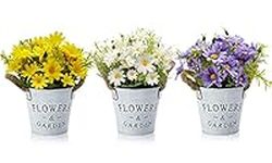 HOTLIKE Artificial Flowers Plants Set of 3, Fake Plants With Metal Pot, Indoor and Outdoor Mini Artificial Potted Plant, Perfect Decoration Gift for House Office Desk Kitchen Wedding (Daisy)