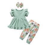 Infant Baby Girls Clothes Toddler Ruffle Short Sleeve Solid Color Sweatshirt Pullover Tops Floral Pants Headband 3pcs Outfits Set Green 3-4T