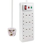 EXTRASTAR Universal Extension Lead, 8 Way Outlets Surge Protection Power Strips with Switch, Wall Mounted 13A/MAX.3120W Fused UK Power Socket (2M, White)