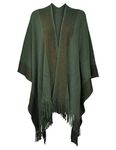 ZLYC Women's Lightweight Shawl Golden Trim Textured Knit Blanket Wrap Fringe Poncho with Contrast Trims (Army Green),One Size