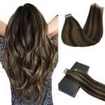 Googoo Remy Hair Extensions Tape in Human Hair Ombre Dark Brown Highlighted Light Brown Real Hair Extensions Tape in Straight 20pcs 50g 18inch