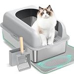 ITEFDTUTNE Stainless Steel Cat Litter Box with Lid, XXL Semi-Enclosed Cat Litter Box for Big Kitty, Metal Extra Large Litter Box High Sided, Non-Stick & Anti-Urine Leakage with Cat Mat and Scoop