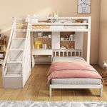 BTM Bunk Bed with Desk, Shelves and Slatted Frame, 3FT-90 * 190cm Single Bunk Bed with Stairs, Wooden Bunk Beds with Storage