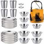 Stainless Steel Plates 、Bowls 、Cups and Spice Dish. Camping Set (24-Piece Set) 3.5inch to 8.6inch. Outdoor Use Incl. Collapsible Water Bucket