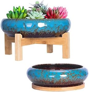 ARTKETTY Succulent Pots, Large Succulent Planter Pots with Drainage Tray Shallow Bonsai Pots with Stand Ceramic Cactus Flower Planter Pot for Indoor Plants (7.3 and 10")