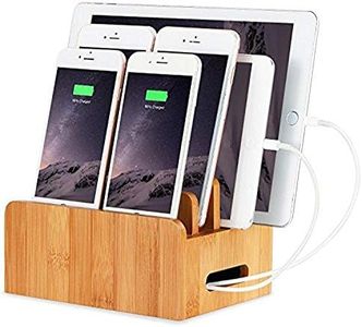 Bureau en Bois de Bambou Cordons Multi-appareils Support Organisateur et Station de Charge Chargeur Docks Support de Berceau pour iPhone iPad Samsung Huawei OnePlus LG Sony Smartphones et Tablets