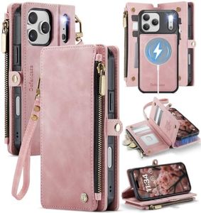 Defencase for iPhone 17 Pro Max Magnetic Wallet Case Compatible with Magsafe with RFID Blocking Zipper & Card Holder for Women PU Leather Strap Detachable Case for iPhone 17 Pro Max 6.9", Rose Pink