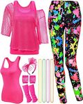 Jadive 12 Pcs 80s Costume Outfits Accessories for Woman Party Fishnet Shirt Legging Vest Hairband Necklace Gloves Leg Warmer(Rose Red, Splash Printed, Large)
