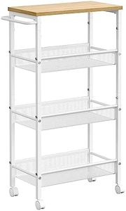 VASAGLE Carro de 4 Niveles, Carro Estrecho de Cocina con Ruedas, con Asa, para Espacio Reducido, 22 x 45,4 x 77 cm, para Cocina, Baño, Salón, Estudio, Roble Beige y Blanco LRC033W09