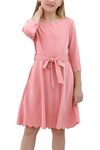 GORLYA Girl's Girl's 3/4 Sleeve Casual Scalloped Edge A-Line Belted Dress with Pockets for 4-14T 6 Years Pink