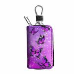 Pizding Purple Butterfly Pattern for Women Car Keychain Case Keyring Hodler PU Leather Zipper Universal Remote Key Bag Metal Hook