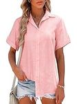 Hotouch Linen Shirt, Women Short Sleeve Button Down Shirt 3/4 Sleeve Cotton Blouses Collared Casual Shirts Summer Beach Cotton Tops Misty Rose