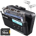 KLIM K7 Cassette Tape Player with Fusion Earphones - Cassette to MP3 Converter - Portable - Tape Recorder with Built-in Microphone & Speaker - Rechargeable Battery - Earphones - 16GB SD Card - Black