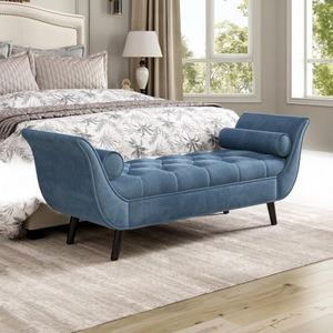 BIAIEMN Upholstered Velvet Bedroom Bench, Button Tufted Ottoman with Solid Wood Legs and Rolled Arms, Blue Matte Finish