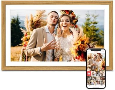 Frameo Digital Picture Frame, Frameo 15.6 Inch Large Digital Photo Frame WiFi, 1920 * 1080 IPS FHD Touchscreen, 32GB, Wall-Mounted, Share Video Picture, Electronic Frame, Mom Gifts, Natural Woodgrain